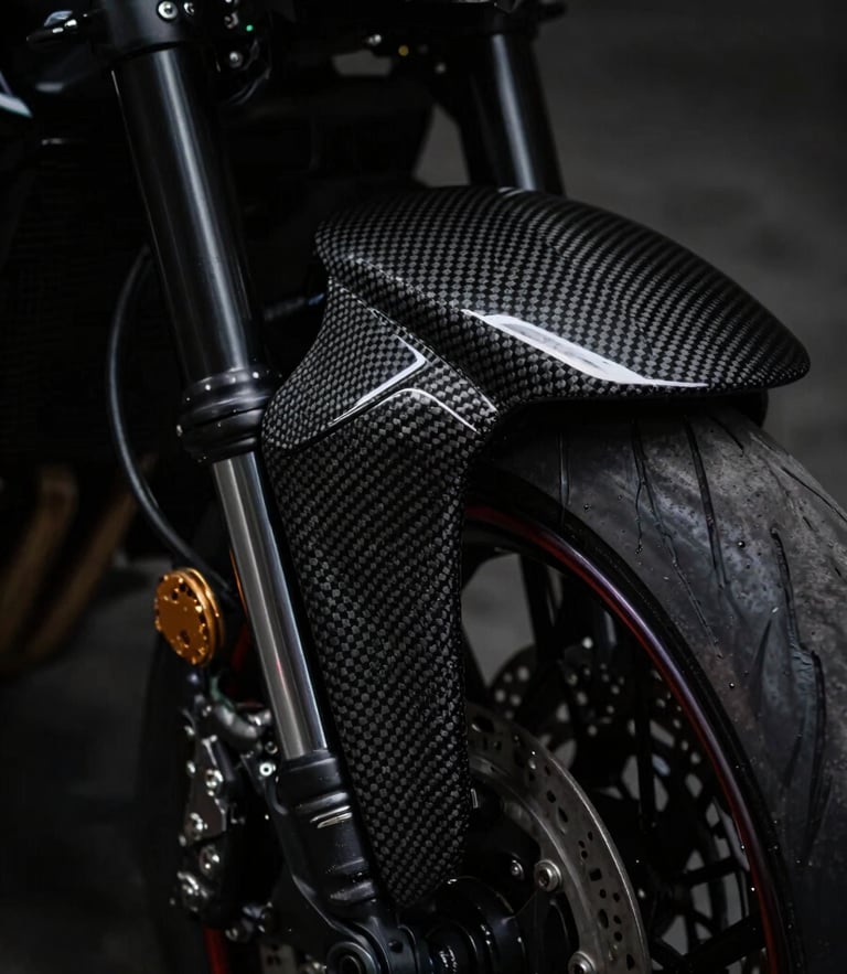 Low-key moody motorcycle photography, sharp rim lighting on a glossy carbon fiber front fender, deep blacks, macro, 85mm