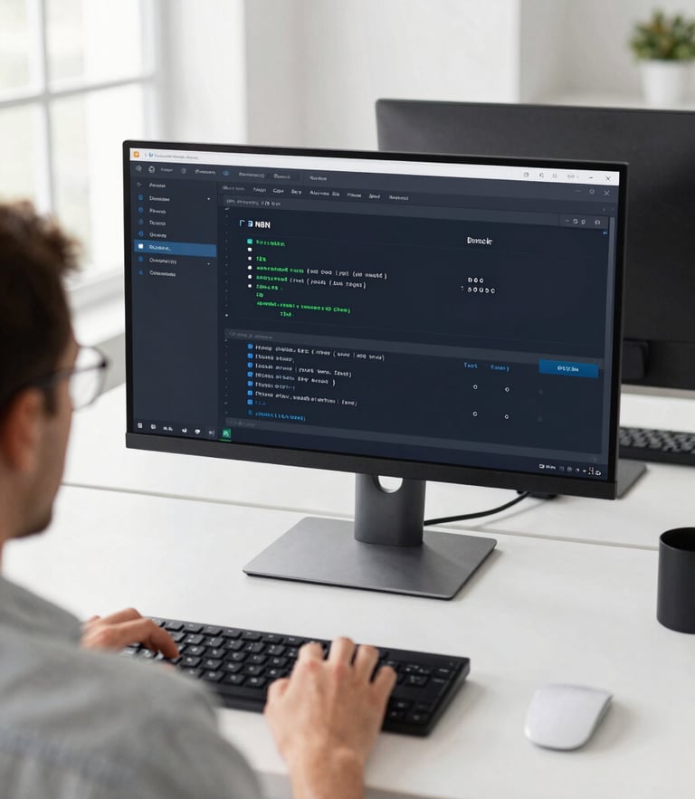Over-the-shoulder shot of a clean modern workspace, a developer reviewing node-based n8n automation flows on a high-resolution monitor, cool screen glow, bright natural office light
