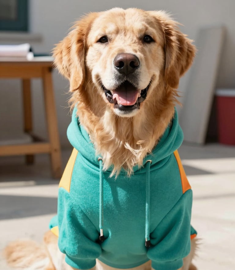 Eye-level medium shot of a happy golden retriever wearing a colorful handmade teal hoodie, bright natural daylight, Celaya workshop background, sharp focus