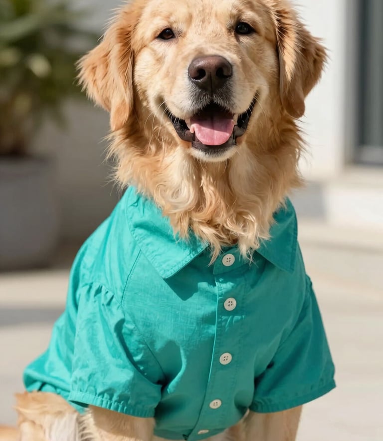 Eye-level portrait of a happy golden retriever wearing a vibrant teal custom-tailored shirt, sitting in bright natural daylight, shallow depth of field
