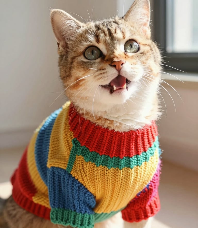 Eye-level shot of a happy cat wearing a tiny handcrafted colorful knit sweater, warm indoor lighting, soft focus on stitch details