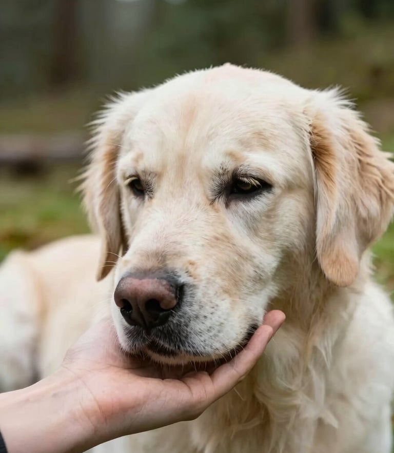 Intimate medium close-up of a healthy golden retriever resting its chin on a volunteer's hand, soft natural Pacific Northwest daylight, warm cream tones, shallow depth of field