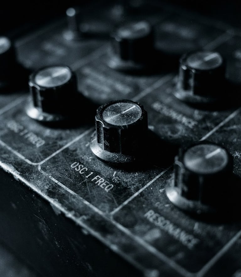 Extreme close-up of vintage synthesizer knobs in dim, high-contrast chiaroscuro lighting, desaturated monochrome with cold blue undertones, grainy 35mm film.