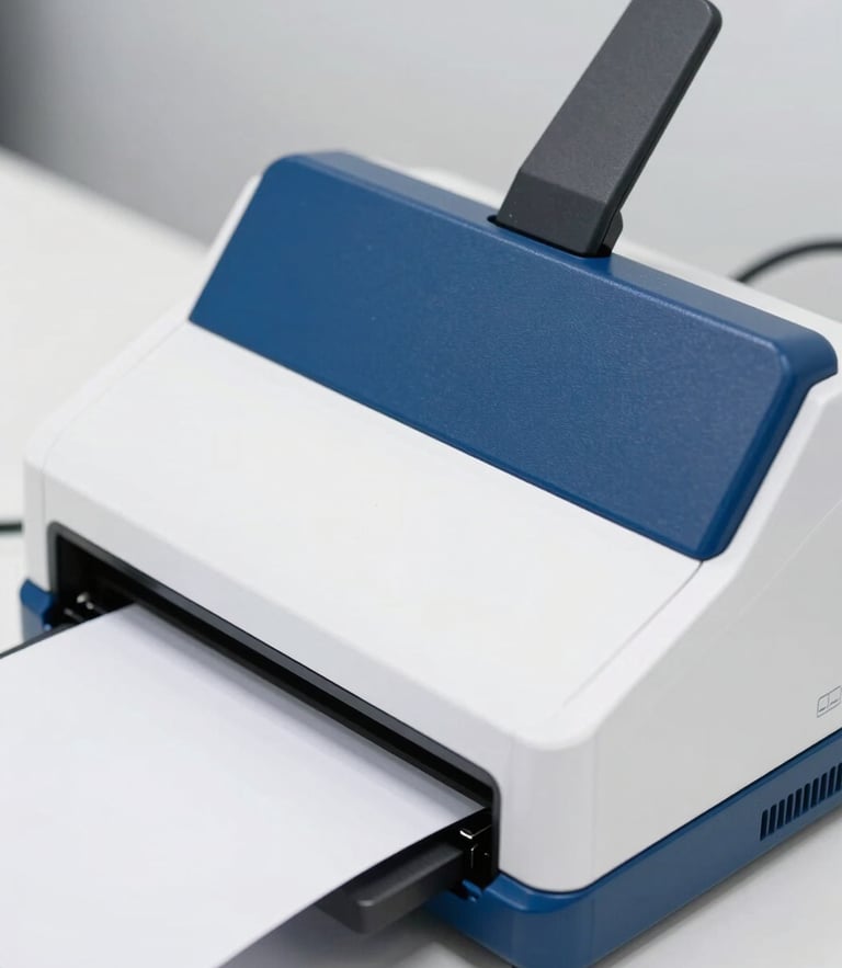 Medium close-up of a high-speed document scanner in action, crisp blue and white tones, bright neutral office lighting, sharp focus, 35mm