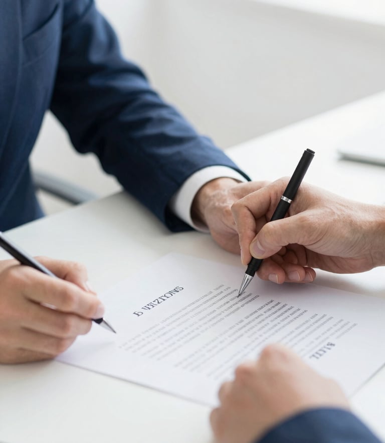 Close-up of professional hands signing a legal document on a clean desk, bright neutral daylight, sharp focus, 35mm