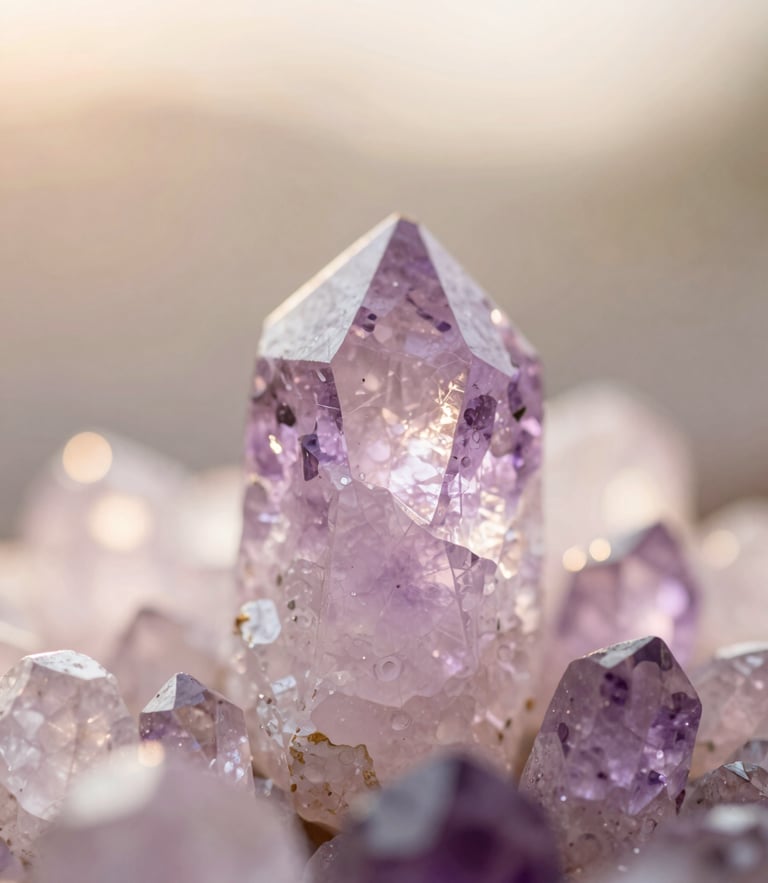 Close-up of raw amethyst crystal catching soft diffused golden-hour light, pastel rose tones, extremely shallow depth of field, 35mm