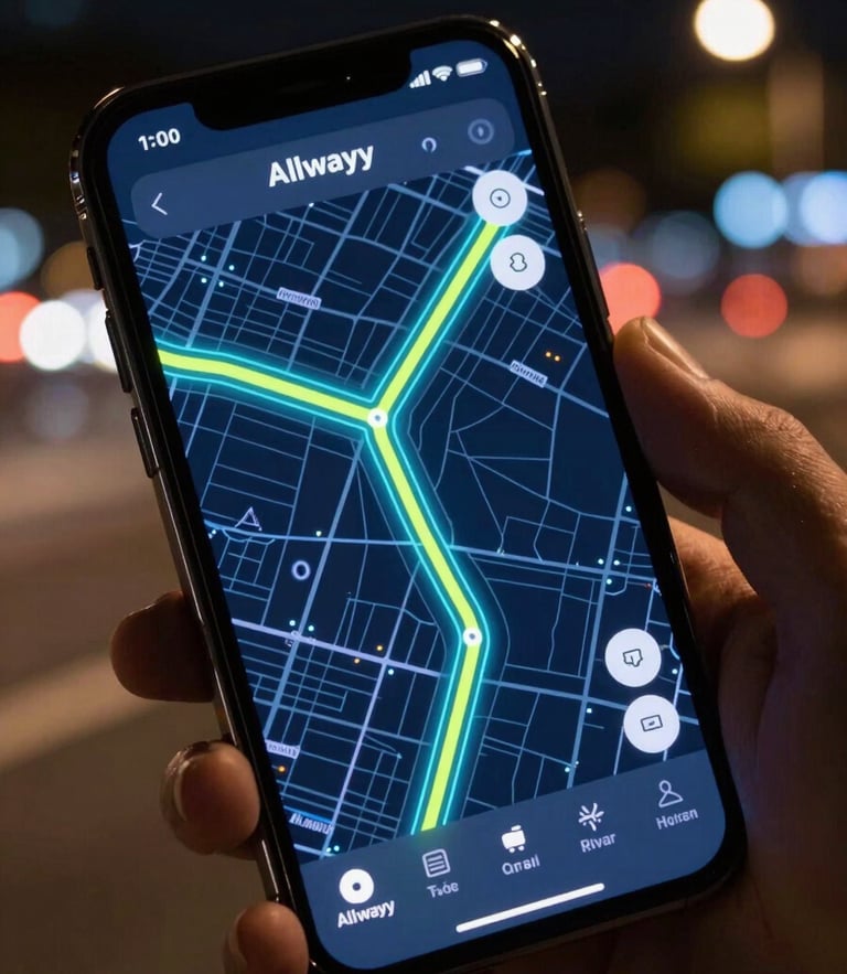 Extreme close-up of the Allwayy app interface on a physical phone held in a hand, glowing route map with electric-indigo and cyber-lime vectors, high-contrast night neon reflections, wide-angle street-level background motion blur.