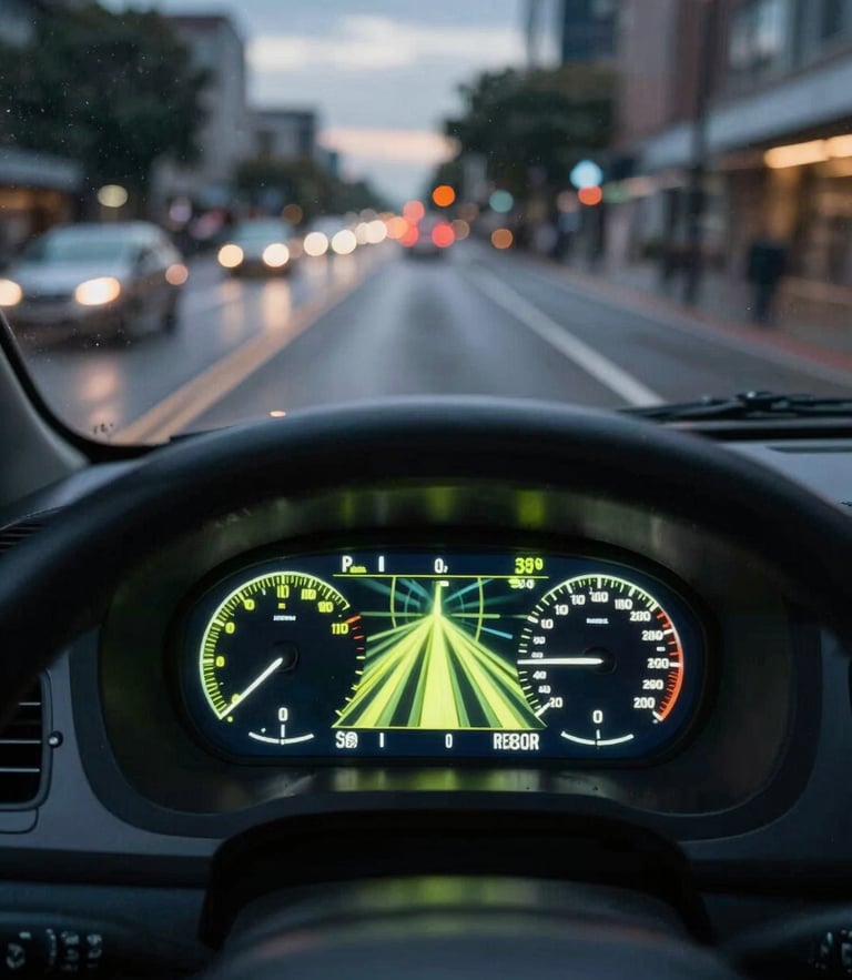 High-speed POV shot from inside a delivery vehicle moving through wet city streets at twilight, glowing dashboard screen showing dynamic cyber-lime routing lines, motion blur.