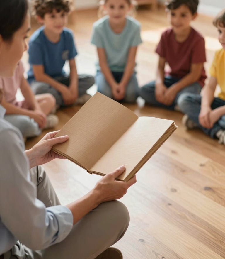 Low-angle shot of a teacher sitting on a wooden floor, holding open a thick paperboard book for a circle of engaged preschool children under warm natural daylight.