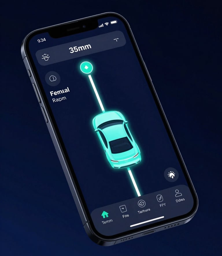 Sleek modern smartphone displaying a high-tech GPS tracking app interface, real-time vehicle route highlighted in glowing neon cyan, dark navy background, cinematic lighting, 35mm.