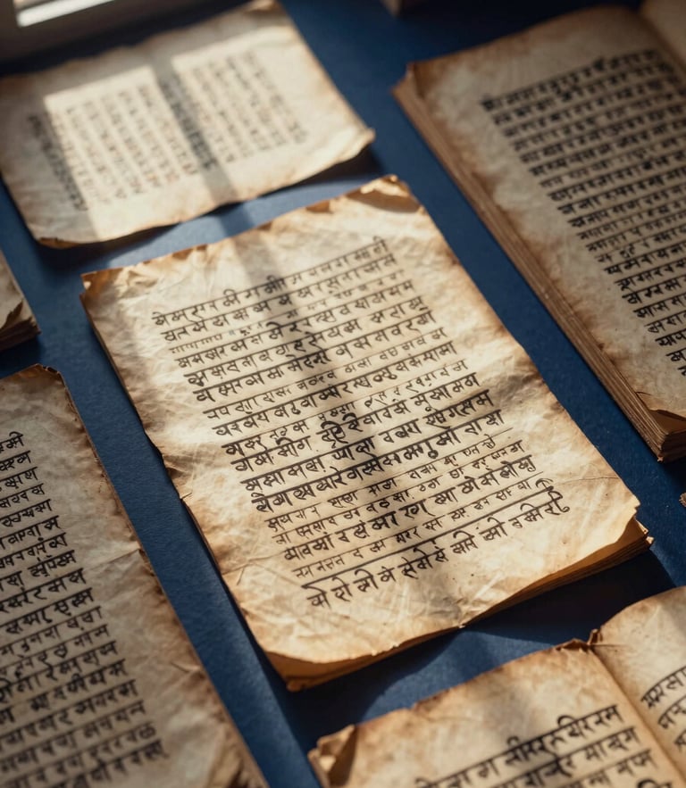 Overhead flat-lay of ancient Sanskrit palm-leaf manuscripts under soft library window light, deep indigo shadows, warm gold paper tones, scholarly editorial style.