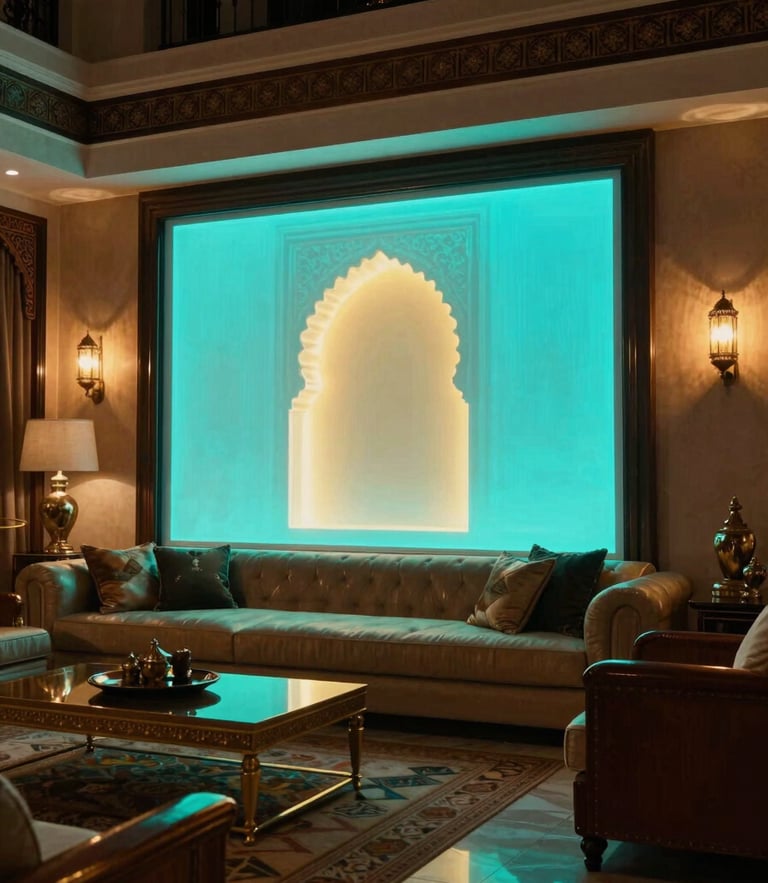 Dramatic low-key architectural photography of a luxury Moroccan villa living room, a glowing smart LED art installation casting soft cyan and gold light, 35mm