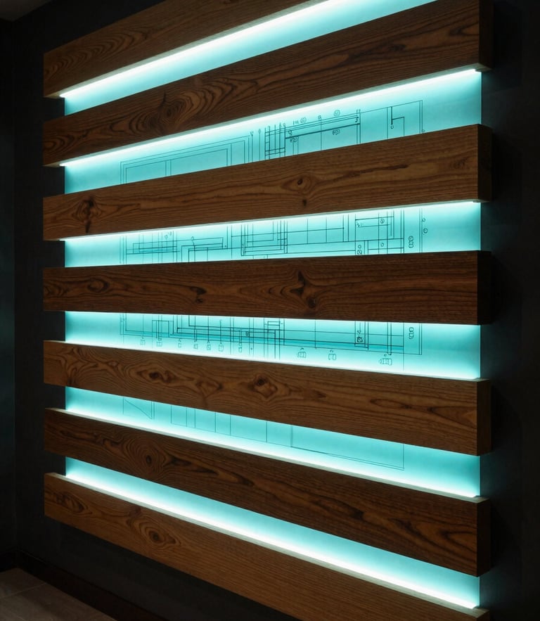 A technical architectural blueprint of a custom light installation layered over raw oak wood, dramatic low-key lighting, soft cyan glow highlighting the vector lines, 35mm