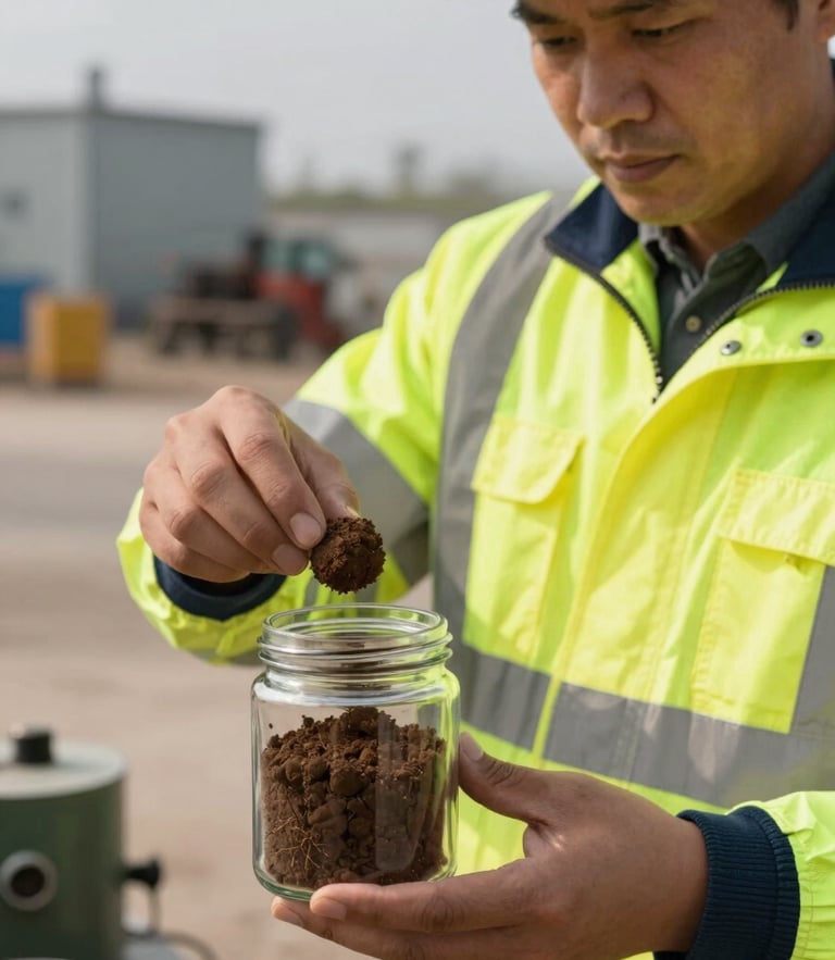 Close-up of a professional environmental engineer in high-visibility safety gear placing a soil core sample into a sealed glass container on an industrial site, daylight.