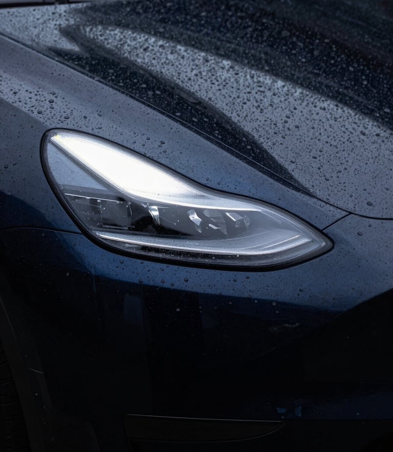 Extreme close-up of water beading flawlessly on a deep obsidian black ceramic-coated electric vehicle, sharp LED light bar reflections, dark studio lighting, 85mm lens