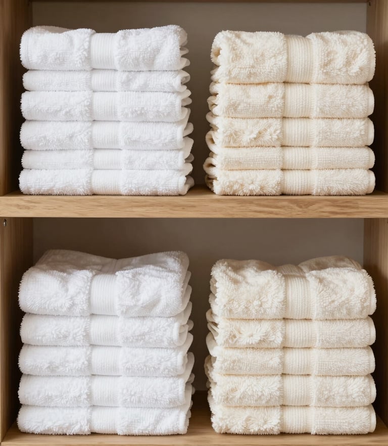 Straight-on medium shot of neatly folded stacks of high-quality white and cream bath towels on a structured wooden shelf, bright clean home photography, even neutral daylight