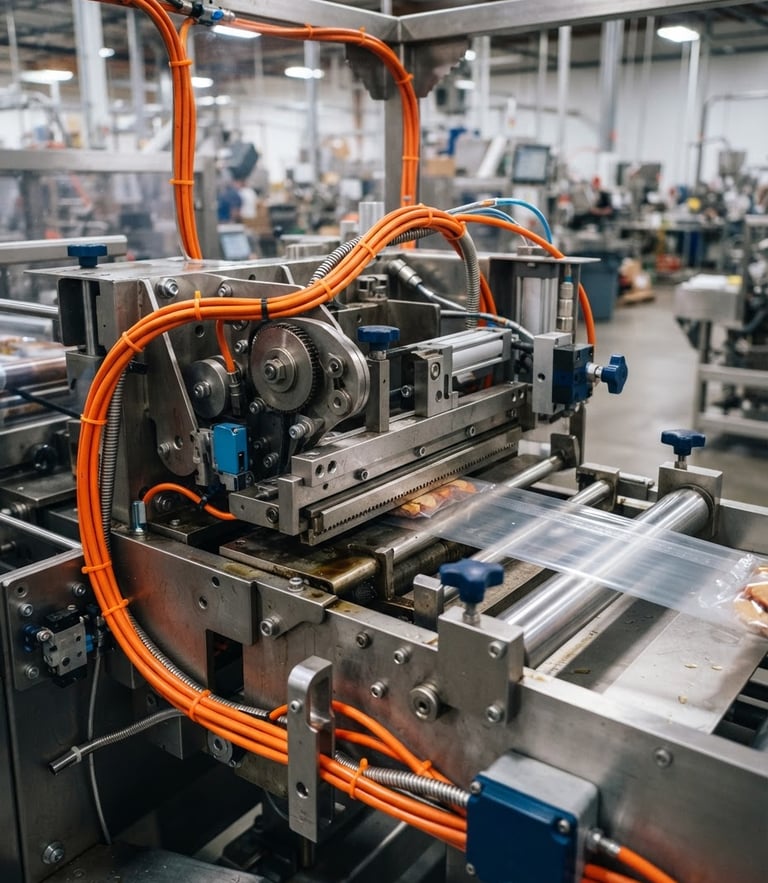 Close-up of a stainless steel packaging mechanism with orange cables, high-contrast metallic reflections, bright factory lighting, sharp focus, 50mm lens