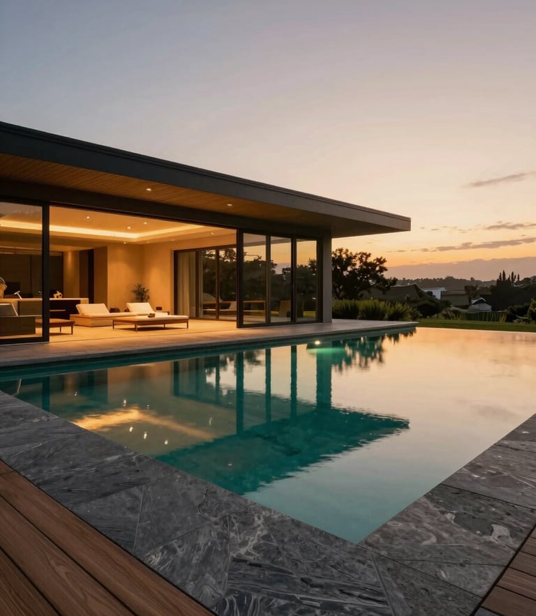 Wide-angle architectural twilight shot of a seamless indoor-outdoor transition, zero-edge pool reflecting warm landscape lighting, slate and teak materials, 35mm