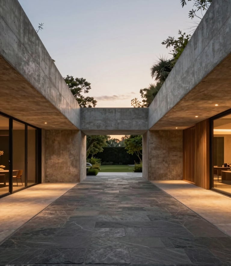 Wide-angle architectural twilight shot of a seamless indoor-outdoor transition, concrete structural lines, warm slate and teak materials, soft landscape lighting