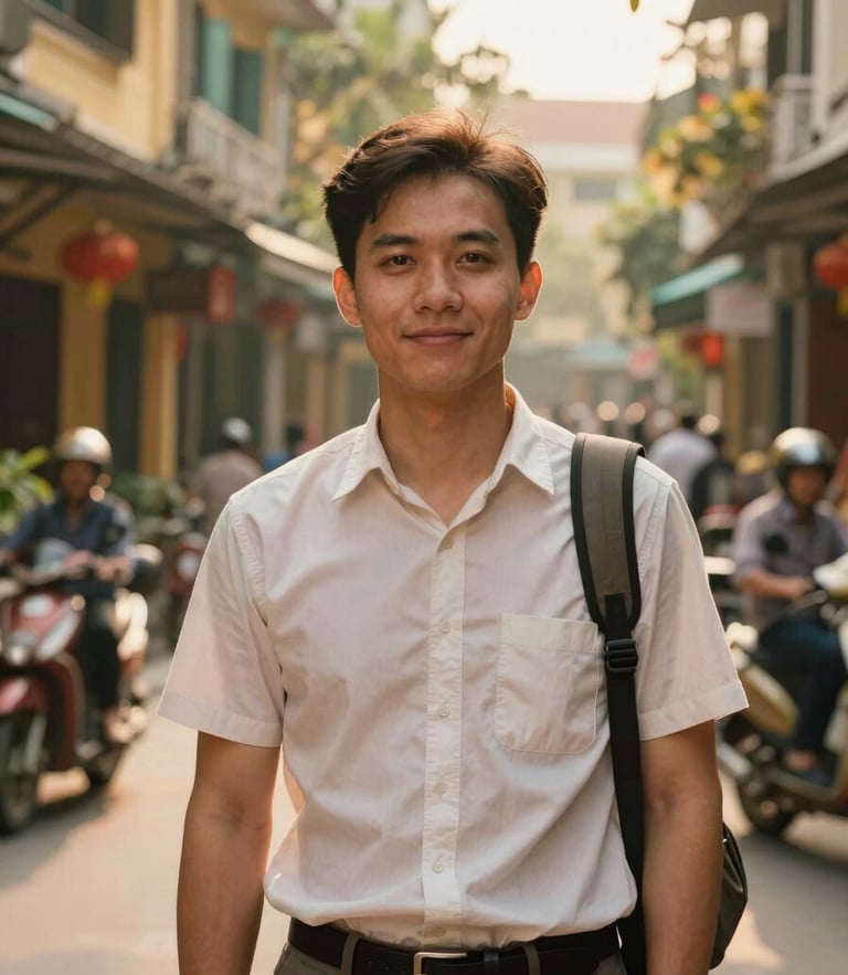 A warm editorial portrait of a welcoming local guide in Hanoi, soft natural golden-hour light, rich saturated organic tones, 35mm lens.