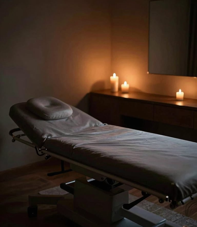 Moody editorial photography of a serene treatment room in a private villa, warm candlelit ambiance, deep shadows, bronze and charcoal tones, shallow depth of field, 35mm