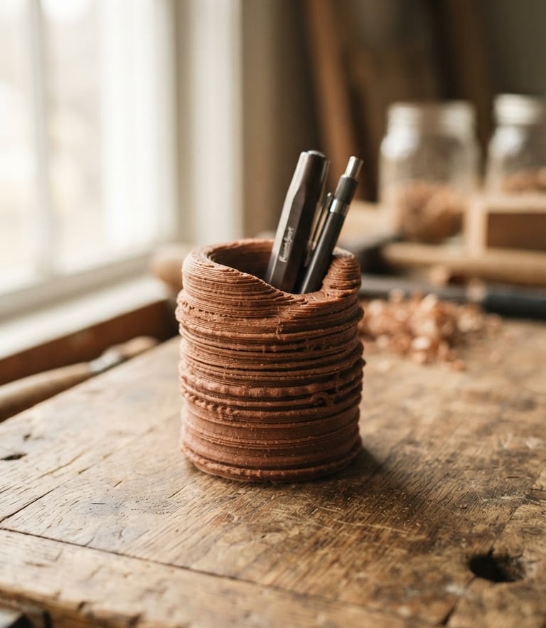 A macro portrait photograph of a 3D-printed terracotta pen dock on a wooden workbench, showing detailed filament layers, soft natural side-lighting from a studio window, warm shadows, 35mm