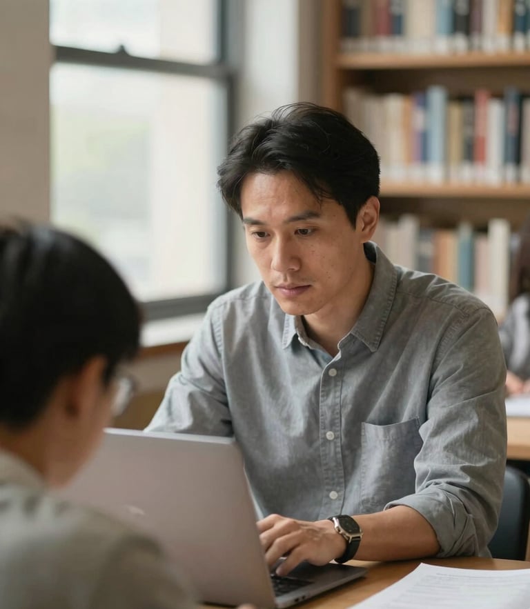 Scholarly editorial photography of a focused mentor guiding a student over a laptop, warm library background, soft natural window light, shallow depth of field, 35mm