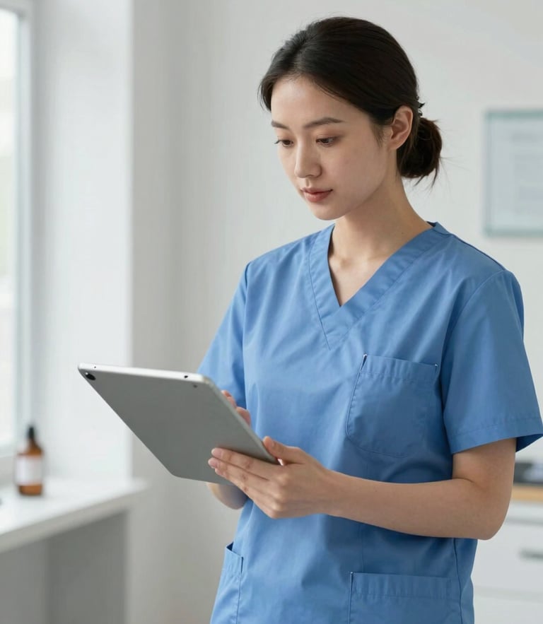 Medium shot of a medical practice assistant in a clean, modern clinic, interacting professionally with a digital tablet, bright neutral daylight.