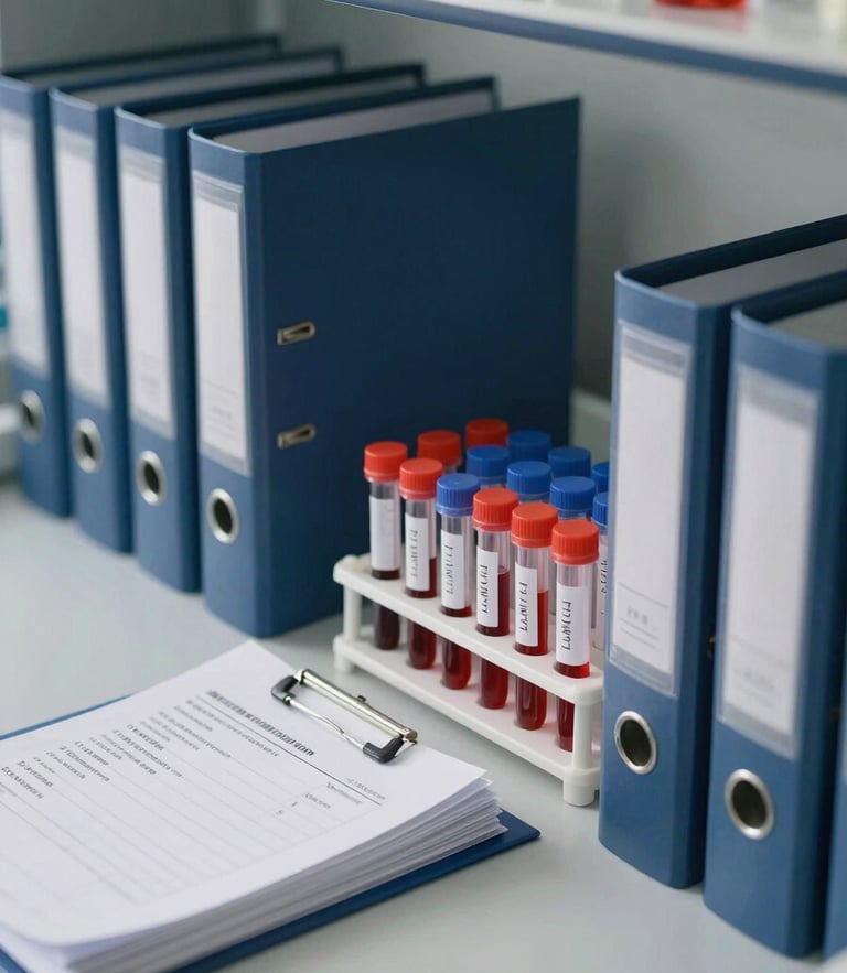 Close-up of organized clinical study documentation binders and labeled sample tubes in a modern laboratory rack, clean neutral daylight.