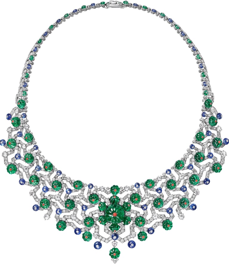 Cartier Emerald, sapphire, and diamond floral necklace.