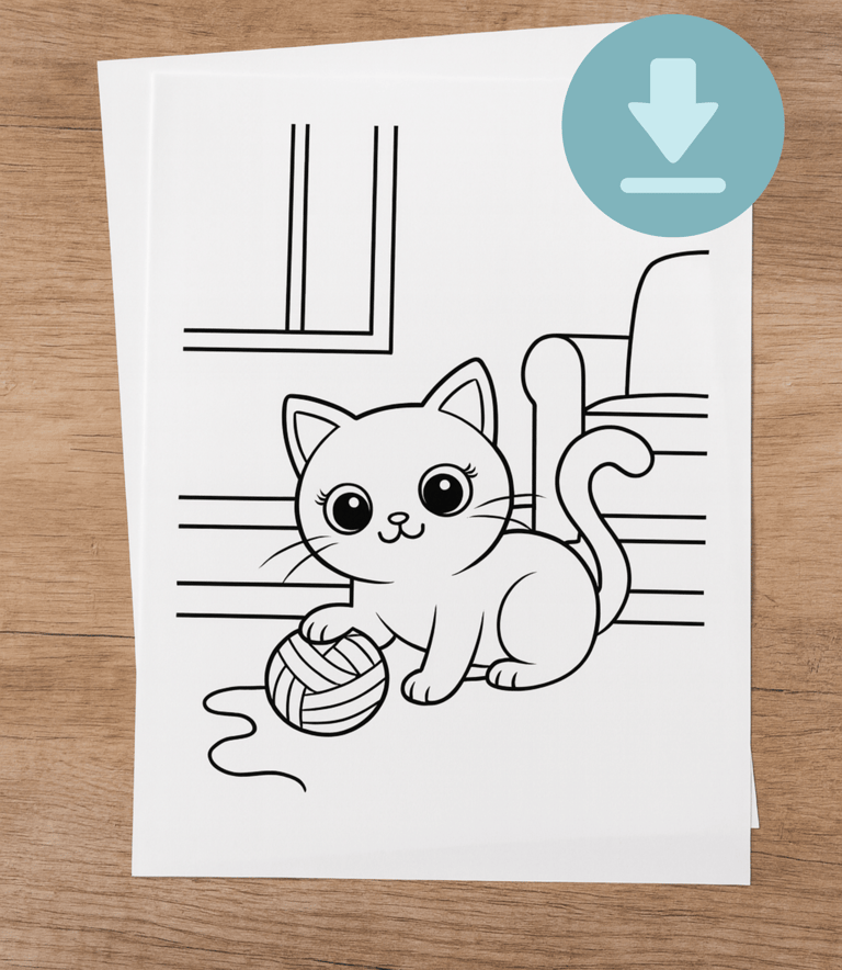 Example coloring page with simple drawing and bold outlines. A cat playing with a yarn ball.
