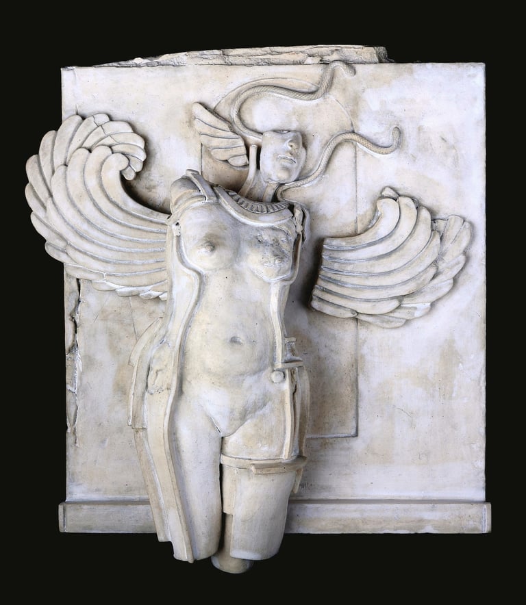 Small ceramic wall sculpture of a nude woman with wings and snakes, in a classical style.