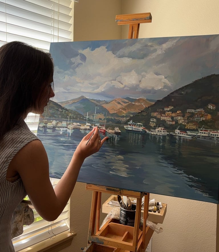 'Whispers of Como' 24x30 inches Serene Harbor oil painting by Angela Moiseieva