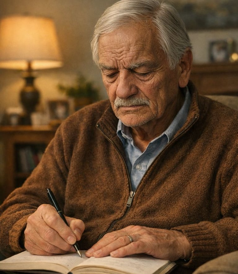 a man sitting on a couch with a pen and a pen
