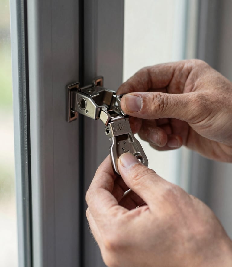 A close-up photograph of a professional installer's hand carefully adjusting a sleek charcoal gray aluminum window hinge. The lighting is bright and natural, highlighting the precision and clean finish of the metal work.