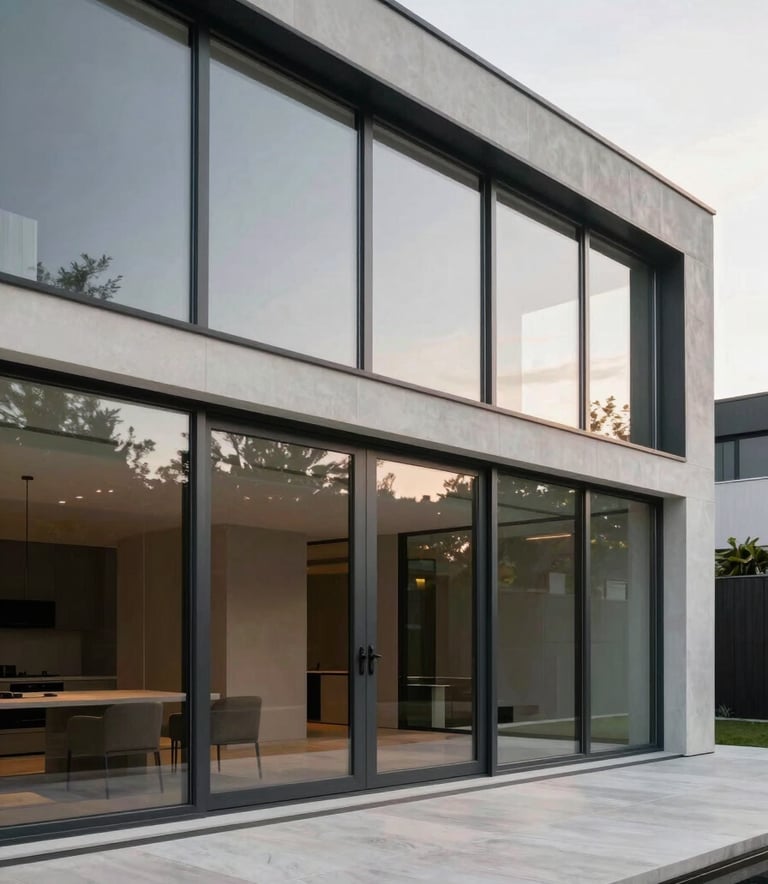 Wide shot of a modern Belgian villa with large floor-to-ceiling windows and anthracite frames. The architecture is clean and minimalist, reflecting a soft afternoon light on the glass surfaces.