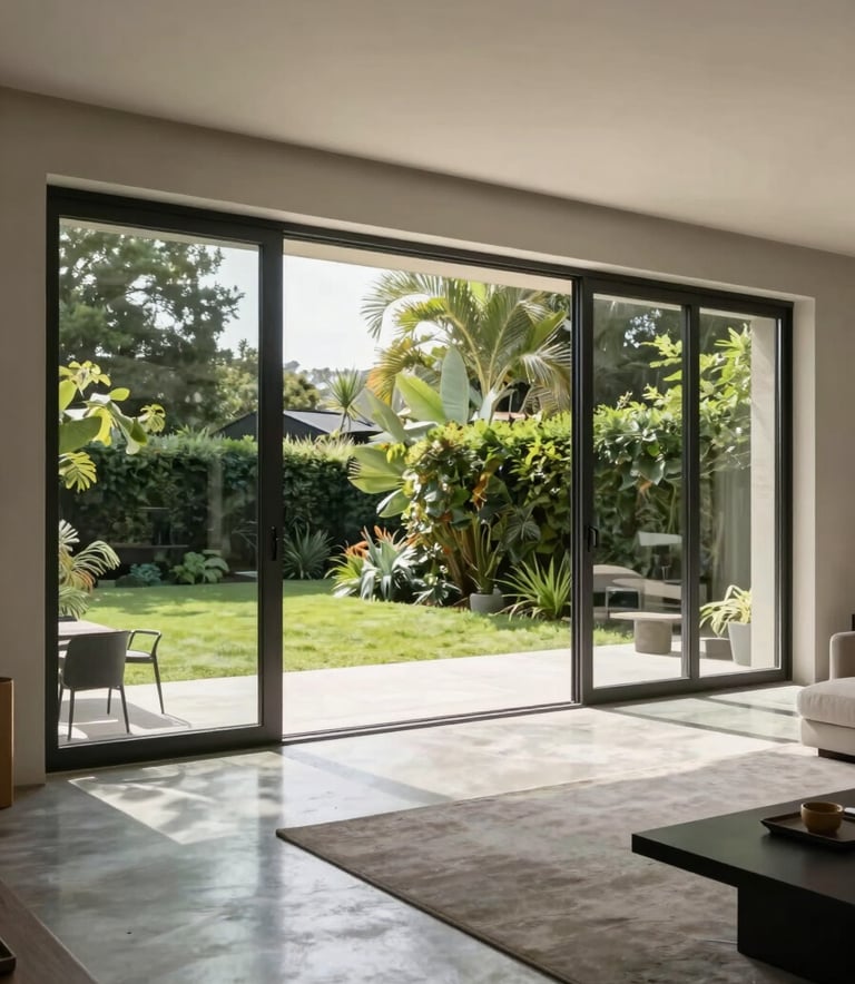 A wide-angle interior shot of a contemporary Belgian villa's living room, featuring massive floor-to-ceiling sliding glass doors with thin deep black frames that open onto a lush green garden. The lighting is bright and natural, reflecting off a polished concrete floor.