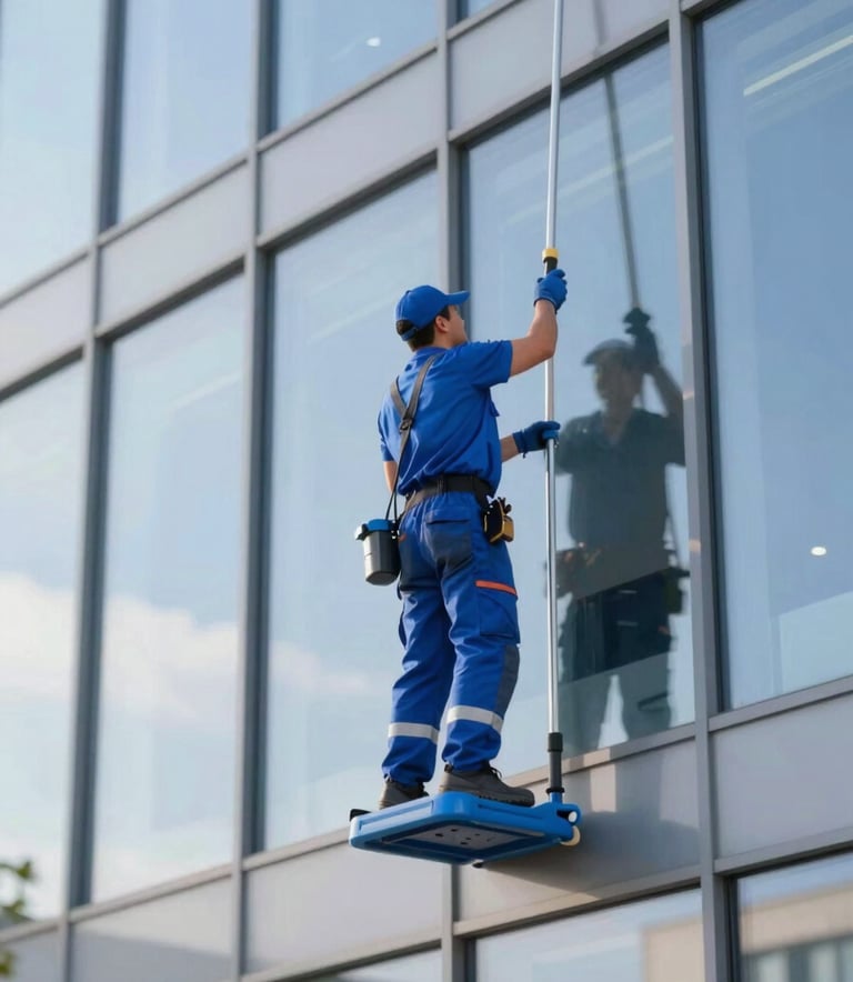 A professional facade cleaning specialist working on a modern commercial building in Belgium. Bright daylight, clear glass surfaces, reflecting a clean and professional image. Subtle presence of #295D8D blue accents in the equipment.