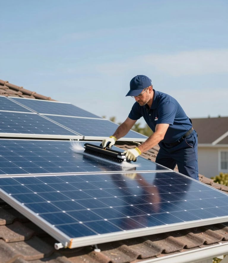 A high-quality image showing specialized solar panel cleaning on a residential roof. The scene is bright and highlights the attention to detail and efficiency. Professional tone with #8DBBDC sky colors.