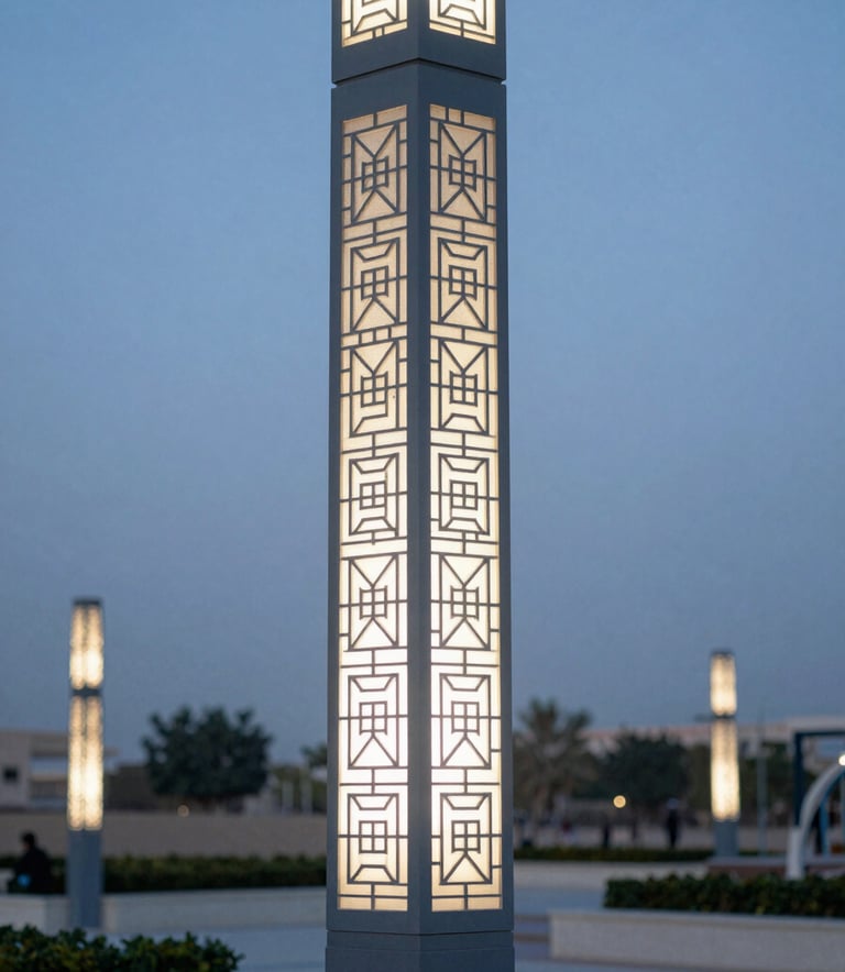A close-up photograph of a beautifully crafted decorative lighting pole with intricate geometric details, installed in a modern Middle Eastern / Gulf urban park during the blue hour, featuring soft Slate Blue and Off-White tones.