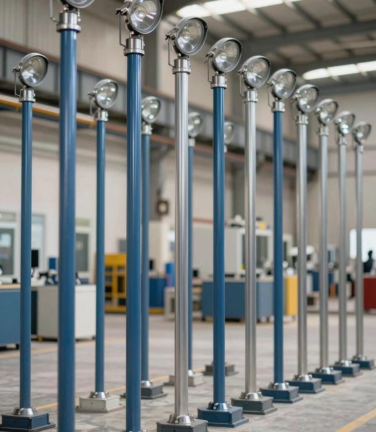 Photography of high-quality steel street lighting poles being manufactured in a modern industrial facility in Riyadh, Middle Eastern / Gulf context, bright natural lighting, metallic slate blue and silver tones.