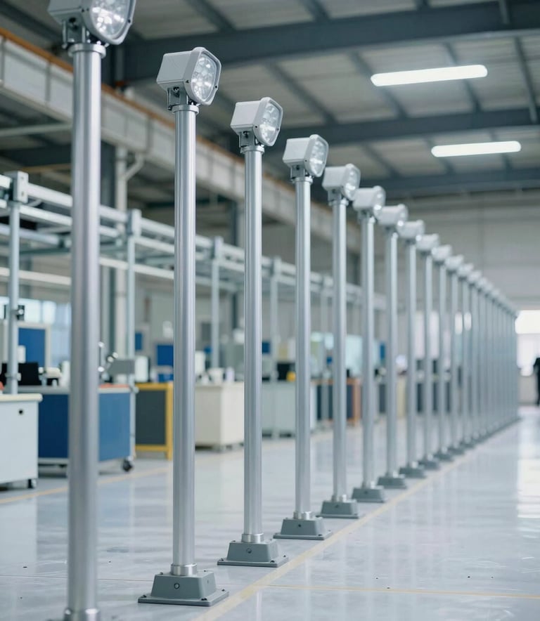 A wide-angle interior photograph of a clean, modern manufacturing factory in Riyadh, Middle Eastern / Gulf region, showing organized rows of steel lighting poles ready for shipping, professional and industrial mood with Off-White and Slate Blue color palette.