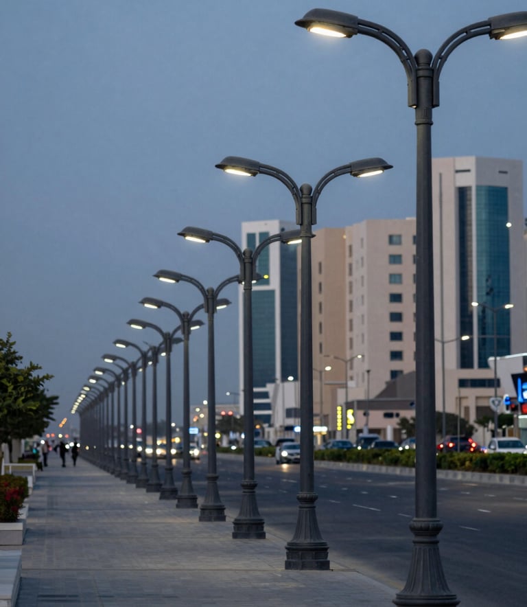 Wide shot of a row of elegant decorative street lamps installed along a modern boulevard in Riyadh, Middle Eastern / Gulf architecture in the background, dusk lighting, professional urban infrastructure look, dark charcoal and slate blue color palette.