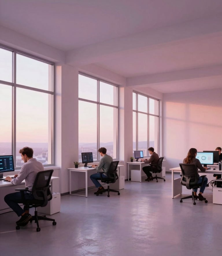 A wide-angle shot of a minimalist North American office space with large windows. The lighting is soft and warm, featuring tones of light pink and purple. Professional collaborators are seen from a distance working on innovative mobile designs.