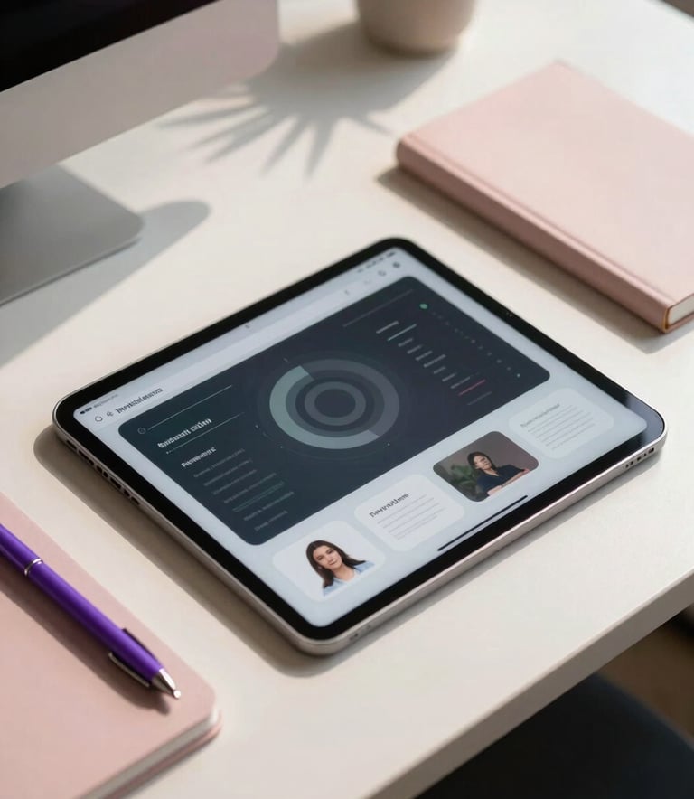 A high-angle photography shot of a modern North American office desk with a tablet displaying a sleek app wireframe, surrounded by a light pink notebook and a purple pen, soft morning light.