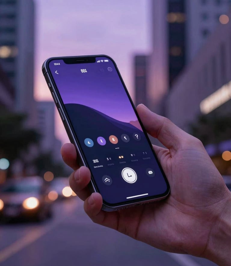 A high-quality lifestyle photograph of a professional using a mobile device in a modern North American urban setting. The device screen glows with a sophisticated interface, and the scene is bathed in a twilight purple hue.