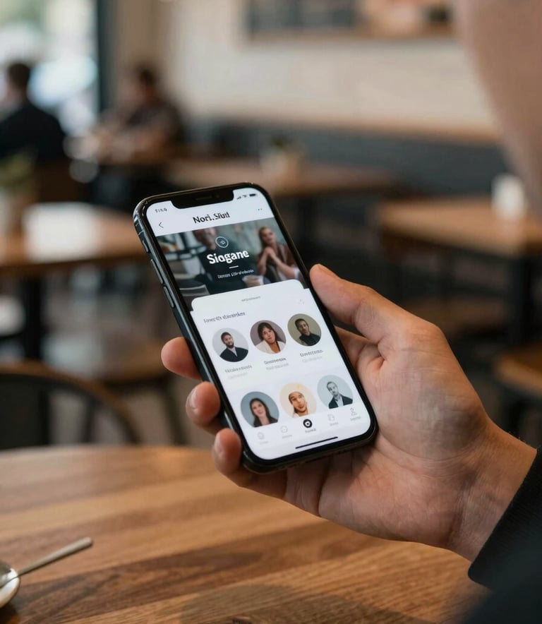 A lifestyle shot of a person using a mobile app while sitting in a stylish North American café, the phone screen glowing with a sophisticated user interface, warm and approachable lighting.