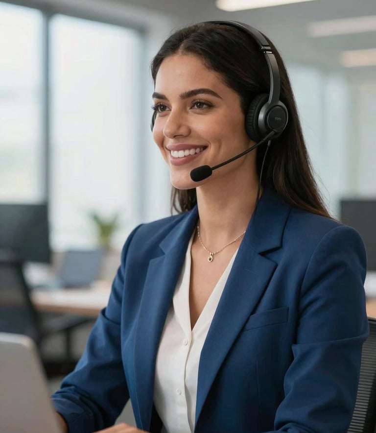 A smiling professional South American / Brazilian woman wearing a headset in a modern office, bright and professional lighting, incorporating Medium Blue and Off-white tones.