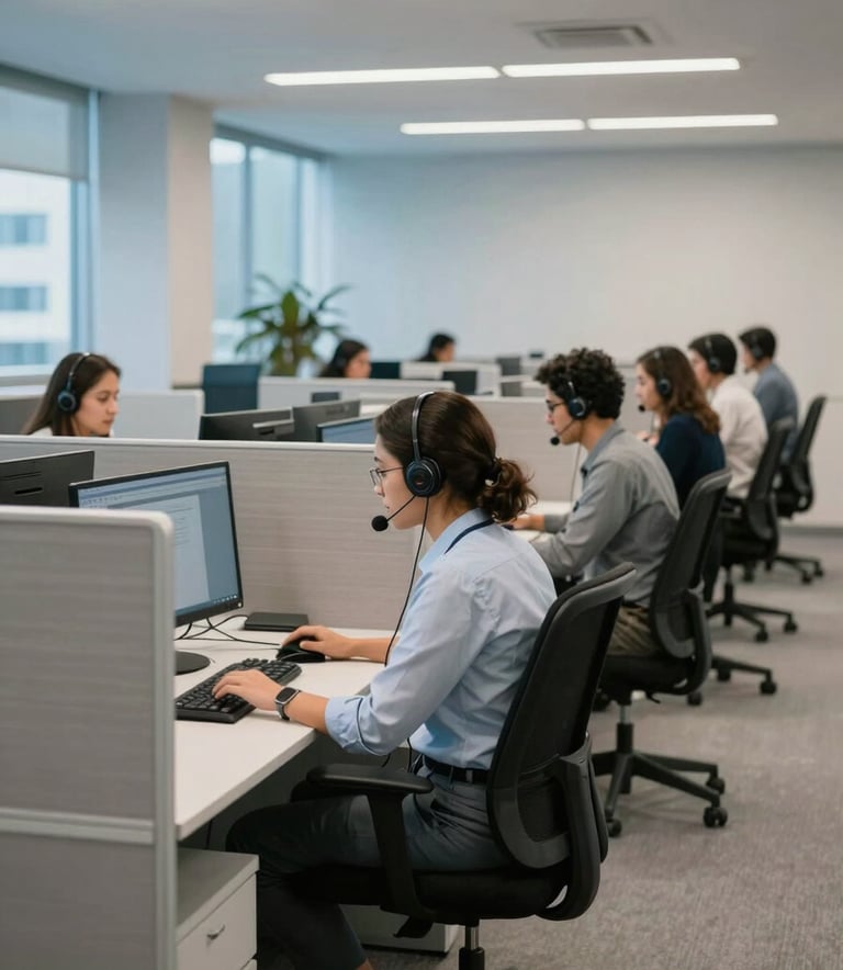 Um ambiente de call center moderno e amplo em uma metrópole brasileira, com mesas organizadas, cadeiras ergonômicas e divisórias de vidro. A iluminação é natural e suave, transmitindo uma atmosfera de eficiência e profissionalismo. As cores do escritório incluem tons de azul oceano e cinza pálido.