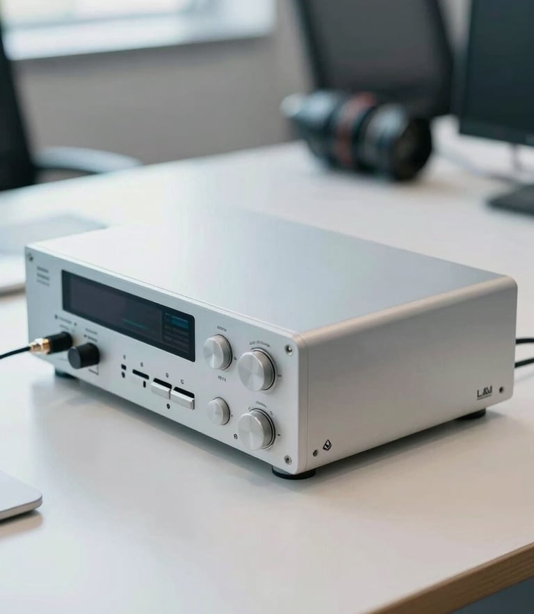 A close-up of a high-end digital communication system on a sleek desk in a South American / Brazilian corporate setting, natural light, using colors like Light Blue and Off-white.